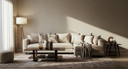 Modern Living Room Interior with Beige Sofa and Decor.