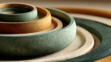 Minimal abstract sculpture with layered circular shaes in green and sand tones shot on textured desert bckground for design or brading mockups
