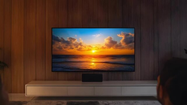 A couple sits on a sofa in a wood-paneled living room, watching a sunset over the ocean on a large flat-screen TV.
