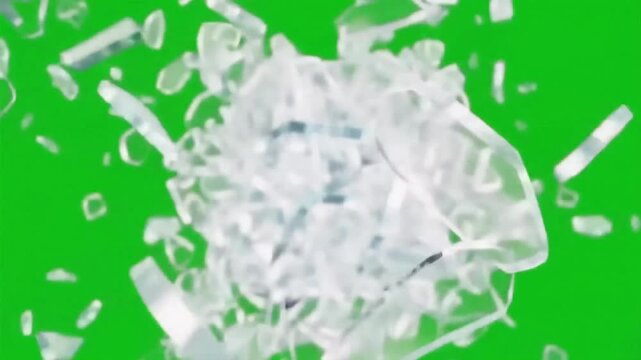 Shattered Glass Against green screen: A display of broken glass fragments, frozen in mid-air against a vivid green background, evokes a sense of destruction, breakage, or a need for change.