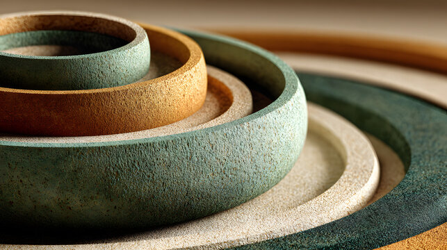Minimal abstract sculpture with layered circular shaes in green and sand tones shot on textured desert bckground for design or brading mockups - Powered by Adobe