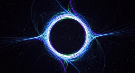 A luminous ring of blue purple and green light glows in a dark star-dusted void with energy streams extending outwards