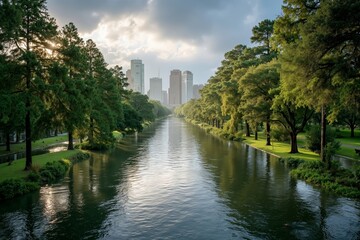 Fototapeta premium A river running through a park filled with lots of trees