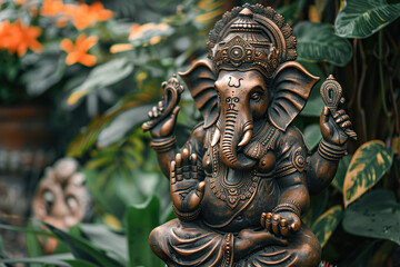 Fototapeta premium Bright holiday composition for happy Ganesh Chaturthi, abstract vivid composition consists of fictional unreal fantastic vision on background