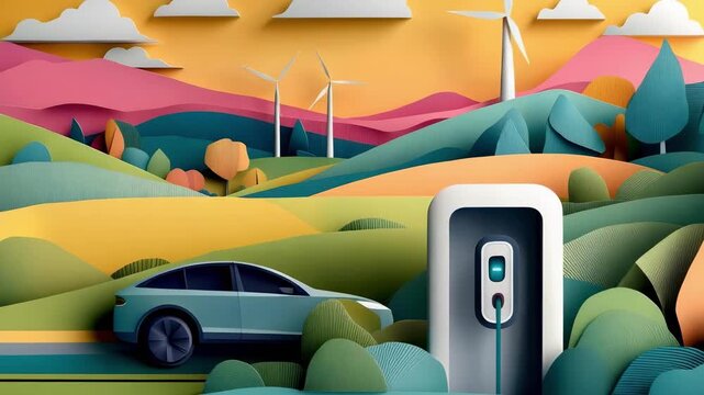 Electric car charging in a colorful, stylized landscape with wind turbines and rolling hills.