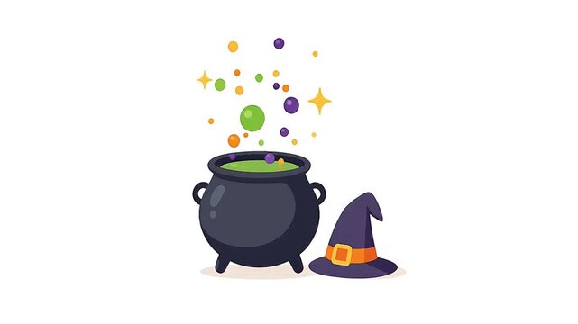 Halloween Witch Cauldron and Hat with Bubbling Potion Illustration.