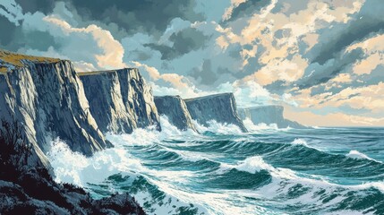 Powerful waves crashing against cliffs