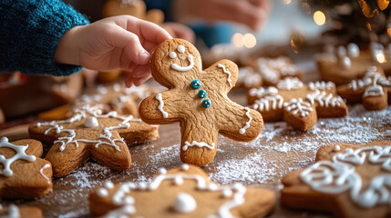 Close-up of children decorating gingerbread cookies with icing and sprinkles, festive holiday atmosphere