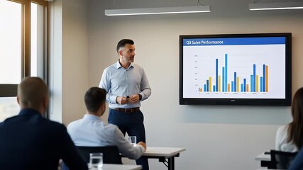 Presenter explaining quarterly sales data to attendees in modern conference room