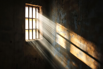 Hopeful sunlight rays stream through barred prison window in dark cell