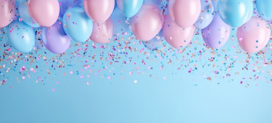The Balloons Floating with Pastel Confetti Overhead on Soft Blue Background for Celebration