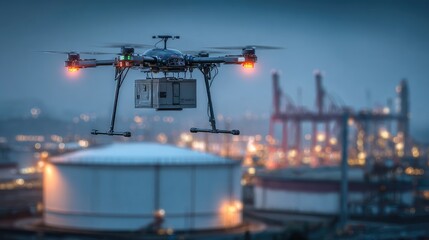 Drone delivery over industrial port at dusk