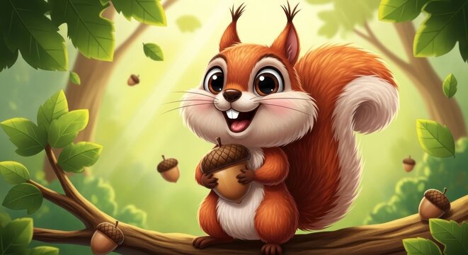 A cheerful, animated squirrel with fluffy fur and big eyes, holds an acorn while perched on a branch with other falling acorns and leaves, sunlight streaming through the trees