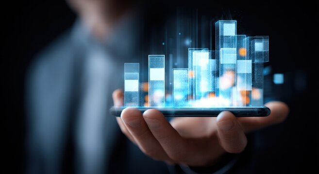 Hand holding a phone displaying a glowing, holographic, abstract bar graph in shades of blue and white