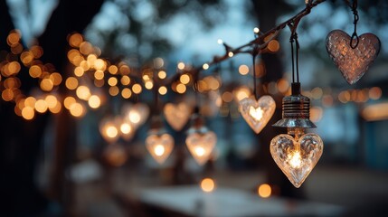 Heart-shaped lights, bokeh, and wire string lights hanging. Perfect for romance, wedding, and Valentine's Day themes.