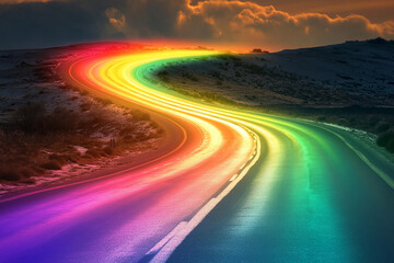 Colorful rainbow road stretches through green hills under a clear blue sky