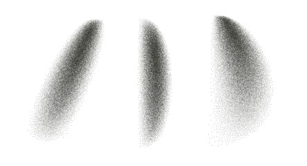 Dot work grainy gradient textured wavy shapes set. Black stippled splatter figures. Grunge noise dotwork. Undulate sandy splashes with speckles. Vector illustration isolated on white background.