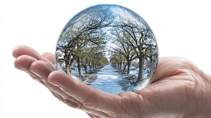 Hand holding a crystal ball showing a tree-lined street, reflected with blue sky in spherical glass