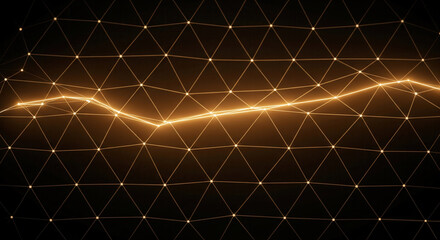 Abstract dark background of glowing triangular mesh with bright data line and nodes, symbolizing analytics, networks, connectivity, and technology.