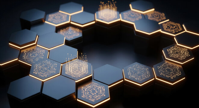 Abstract 3D array of illuminated hexagon tiles forming a ring with microchip patterns, symbolizing blockchain, data nodes, and digital connectivity.