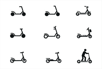 Set of black silhouette icons of electric scooters in various styles and designs. Perfect vector collection for transportation apps, eco mobility illustrations, and modern urban graphics.