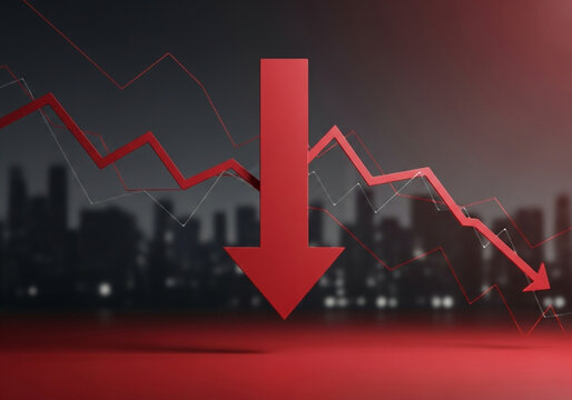 Red arrow pointing down with a financial chart showing market decline against a blurred cityscape view