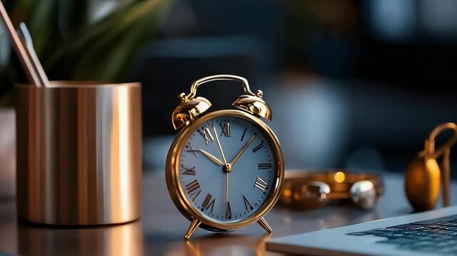 Gold vintage twin-bell alarm clock on a desk with a laptop, a gold pencil cup, and a blurred plant in the background.