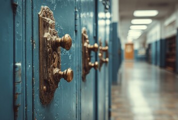 Obraz premium Blue lockers line a hallway, featuring ornate brass handles. A long corridor stretches into the distance under fluorescent lighting