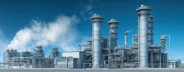 The Industrial Refinery Complex with Tall Distillation Towers Against Clear Blue Sky