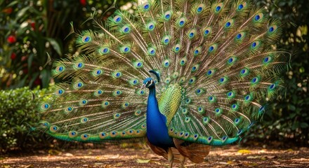 A magnificent peacock with vibrant blue and green plumage stands with its iridescent tail feathers fully fanned out showcasing numerous eye-like patterns in a lush green outdoor setting