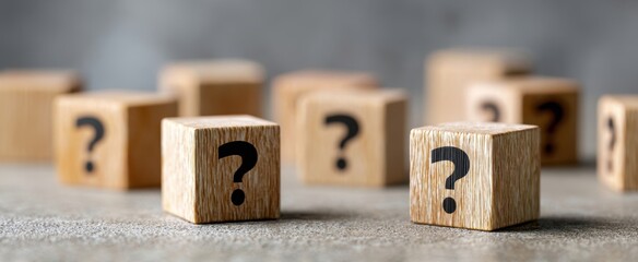 The wooden blocks with question marks representing uncertainty and decision making concepts