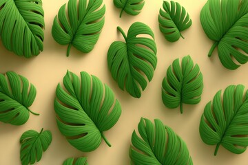 Scattered vibrant green tropical leaves on a pale yellow background