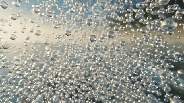Bubbles galore rise through a shimmering liquid, some reflect light