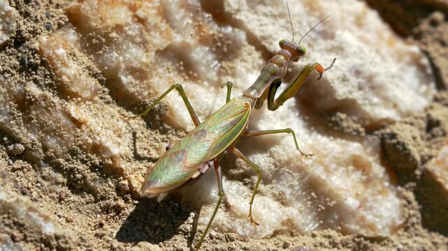 Close-up of a mantis insect with green coloring on rock surface in nature