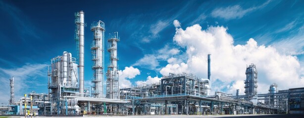 The petrochemical refinery complex with tall distillation towers under dramatic blue sky
