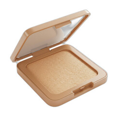 A square, light beige cosmetic compact, open, reveals a shimmery, golden-tan powder inside.