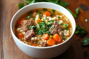 A bowl of soup with meat and vegetables in it on a wooden table