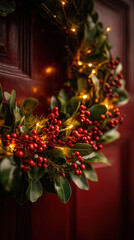 Christmas wreath with red berries and lights, ready for the holidays.