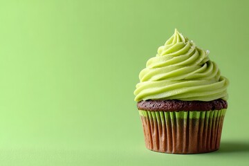 Chocolate cupcake with green frosting on a light green background. Great for blog posts about food, St. Patrick's Day, or spring.