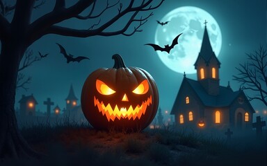 Pumpkin zombie Rising Out Of A Graveyard cemetery and church In Spooky scary dark Night full moon bats on tree. Holiday event halloween banner background concept. High quality