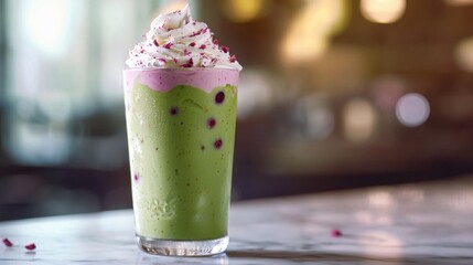 Green smoothie topped with whipped cream and pink garnish served in a glass on a wooden table