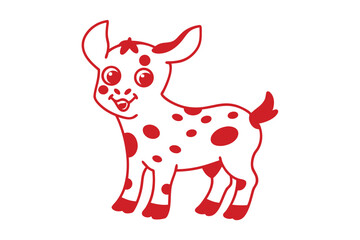 A cartoon goat calf with red spots is smiling cheerfully on white background