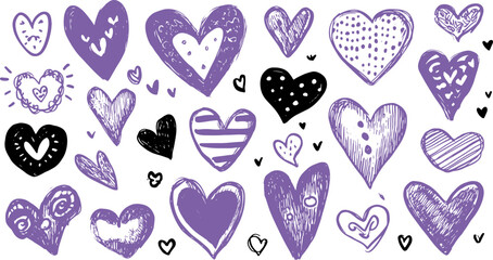 Set of handdrawn heart doodles in purple and black. Decorative sketch vector illustration with simple shapes and line art.