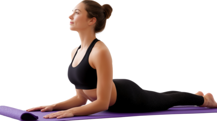 Calm woman doing sphinx pose on yoga mat image isolated transparent. Black athleticwear girl training core strength, healthy spine cut out photo png. Mindful session cutout photography