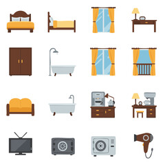 Hotel room and interior icons set flat vector isolated design