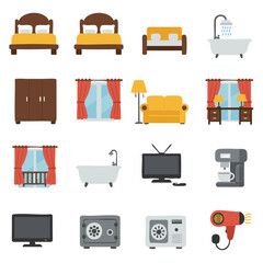 Hotel room and interior icons set flat vector isolated design