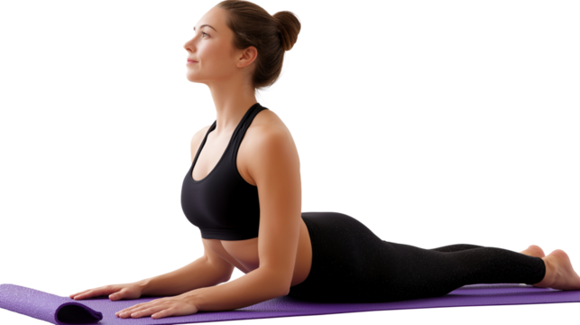 Calm woman doing sphinx pose on yoga mat image isolated transparent. Black athleticwear girl training core strength, healthy spine cut out photo png. Mindful session cutout photography