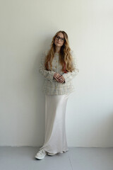 Happy positive elegant woman. Close up portrait of blondie long-haired caucasian woman