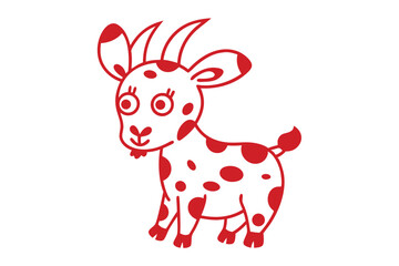 A cute cartoon goat with red spots and small horns standing playfully on white background