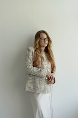 Happy positive elegant woman. Close up portrait of blondie long-haired caucasian woman